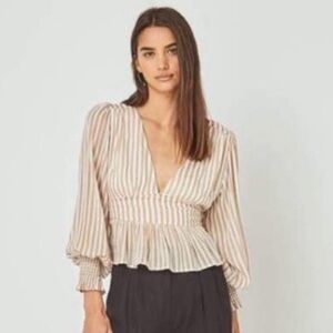 Auguste Tour Sonnet Blouse Almond Striped - Size 4- Long Sleeve V neck-‎ Beige